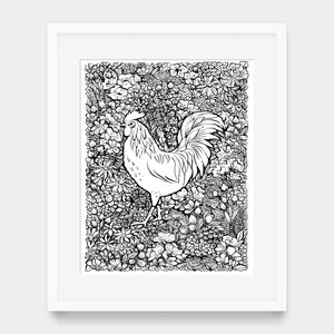 Ink drawn Rooster, bird portrait, hand drawn, digital download, printable art