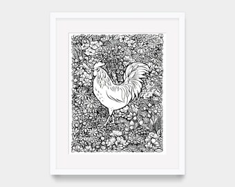 Ink drawn Rooster, bird portrait, hand drawn, digital download, printable art