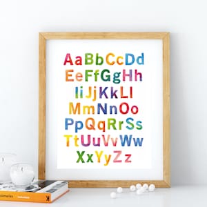 Watercolor Alphabet, hand painted letters, kids art print, home decor, children decor, kids room, upper and lower case letters, Eric Carle