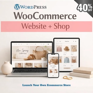 May include: A promotional image for a WordPress WooCommerce website and shop. A laptop, tablet, and smartphone display an online store. The laptop screen shows a "New Spring Collection." The smartphone displays "Best Sellers." Gold rings and a vase are in the foreground.