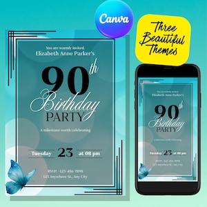 Editable 90th Birthday Invitation Template, Turquoise, Lavender, and Mint Leaf themes (Canva Digital Download)