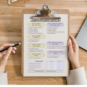 May include: A checklist titled "CHASE SAPPHIRE RESERVE COMPLETE PERKS CHECKLIST" on a wooden clipboard. The checklist is divided into sections for AMEX Platinum and Chase Sapphire Reserve benefits, with checkboxes. A pencil rests on the wooden table next to the clipboard.