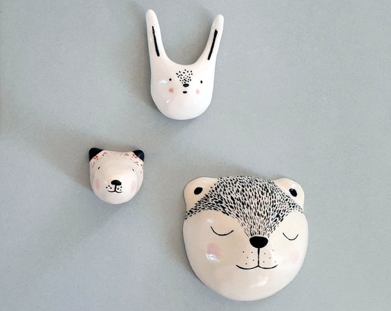 Rabbit, bear, fox - Ceramic miniatures - moose gift - children's room decoration - birth gift - Wall deco