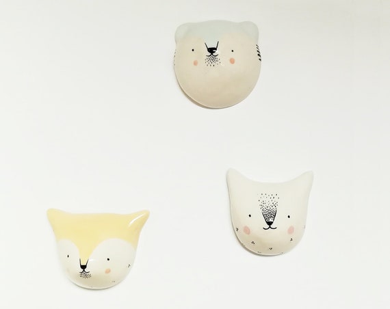 Ceramic trophy head bear, Fox head-ceramic miniatures-Moose gift-child bedroom decoration-birth gift-wall decor
