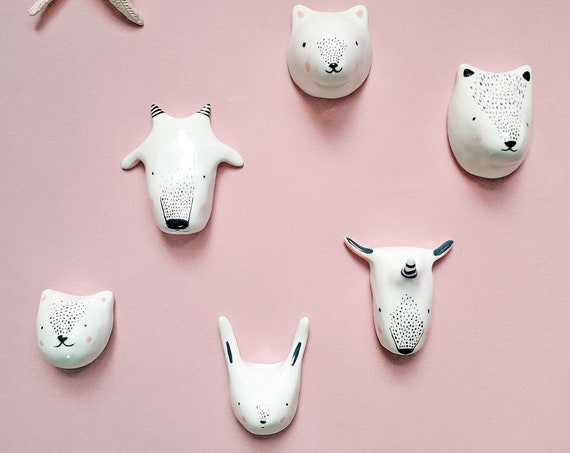 Animal ceramic trophy, ceramic miniatures, moose gift, children's room decoration, birth gift, wall deco