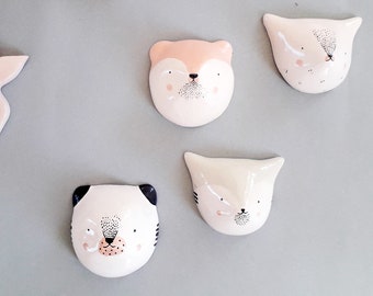 Ceramic trophy head bear, fox head - Ceramic miniatures - moose gift - child bedroom decoration - birth gift - Deco mural