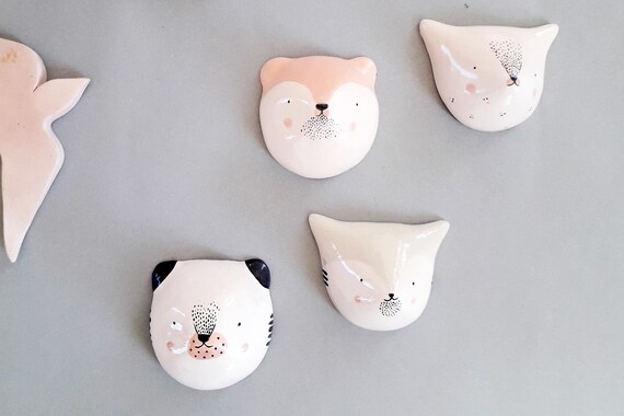 Ceramic trophy head bear, fox head - Ceramic miniatures - moose gift - child bedroom decoration - birth gift - Deco mural