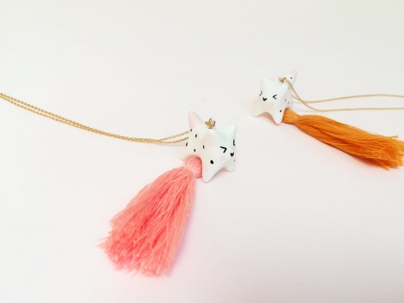 Cat animal pendant necklace, lucky jewel, porcelain necklace, cat pendant, pompom necklace, women's jewelry, women's Christmas gift