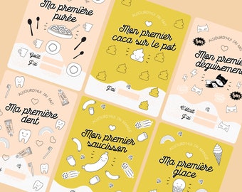May include: Six illustrated cards with a yellow and pink background. Each card features a different milestone for a baby, such as "My first puree", "My first tooth", "My first poop in the potty", "My first sausage", "My first costume", and "My first ice cream".