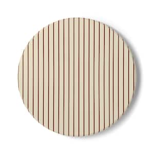 May include: A round, cream-colored coaster with vertical burgundy stripes. The coaster has a baseball jersey-inspired design, offering a classic and sporty aesthetic. The design is simple and clean, suitable for various home decor styles.