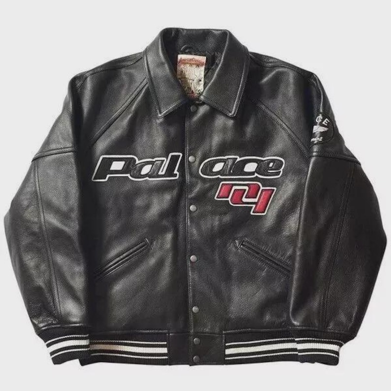 Avirex London Black Leather Varsity Jacket – Palace Triangle Patch – Streetwear Bomber Coat imagen 2