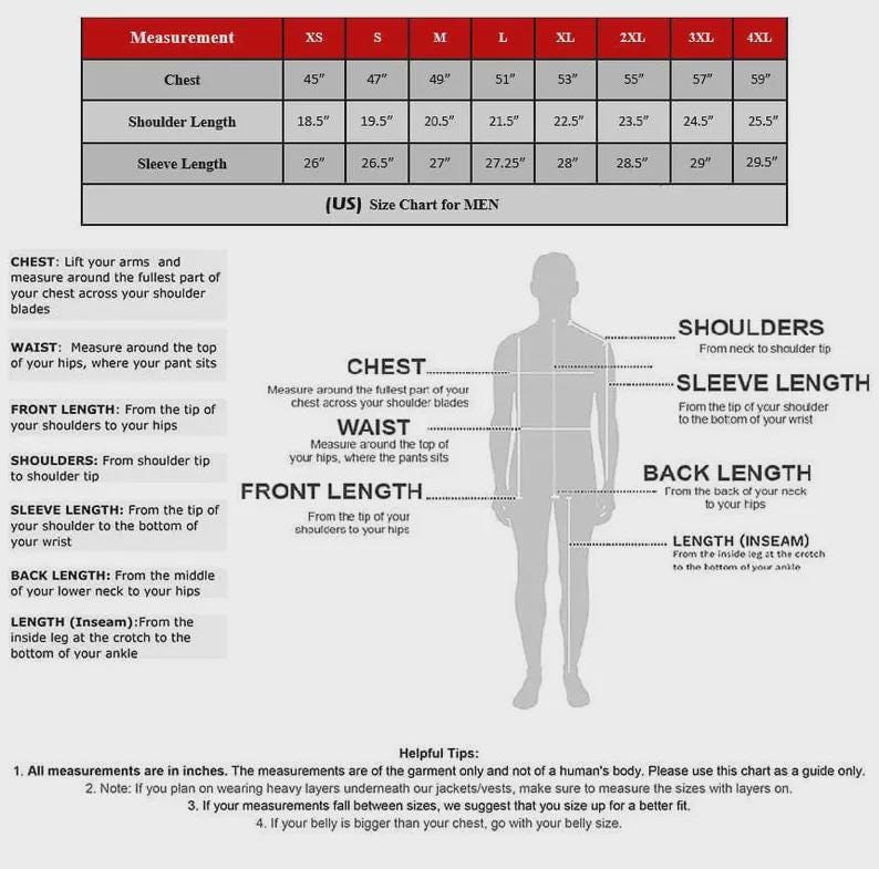 Puede incluir: Tabla de tallas para hombre para chaquetas y chalecos, con medidas en pulgadas. La tabla incluye pecho, largo de hombro y largo de manga, de XS a 4XL. Diagramas ilustran c&oacute;mo medir pecho, cintura, largo delantero, hombros, largo de manga, largo de espalda y entrepierna.