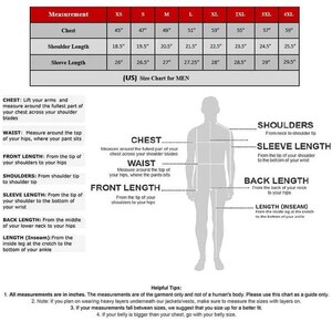 Puede incluir: Tabla de tallas de chaquetas para hombre con medidas en pulgadas, incluyendo pecho, hombros y mangas. Diagrama que muestra c&oacute;mo medir el pecho, la cintura, el largo delantero, los hombros, la longitud de la manga y la entrepierna. Incluye consejos &uacute;tiles.