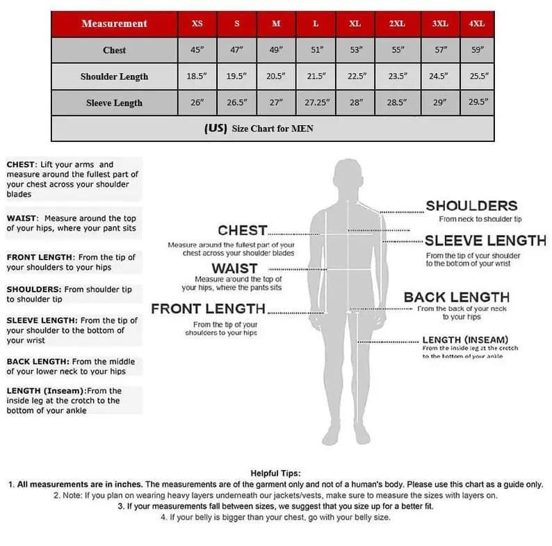 Puede incluir: Tabla de tallas de chaquetas para hombre con medidas en pulgadas, incluyendo pecho, hombros y mangas. Diagrama que muestra c&oacute;mo medir el pecho, la cintura, el largo delantero, los hombros, la longitud de la manga y la entrepierna. Incluye consejos &uacute;tiles.