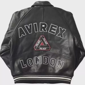 Avirex London Black Leather Varsity Jacket – Palace Triangle Patch – Streetwear Bomber Coat imagen 1