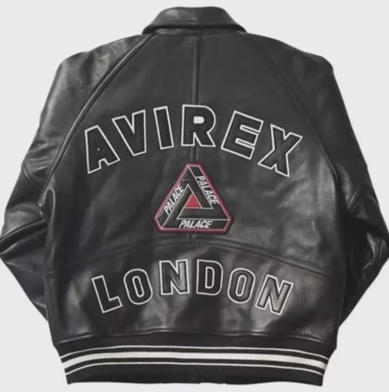Avirex London Black Leather Varsity Jacket – Palace Triangle Patch – Streetwear Bomber Coat imagen 1