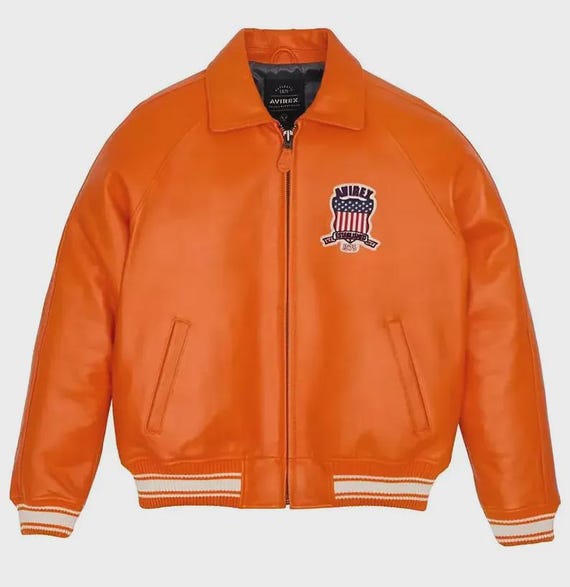 AVIREX USA Icon Orange Leather Bomber Jacket, Men's Military