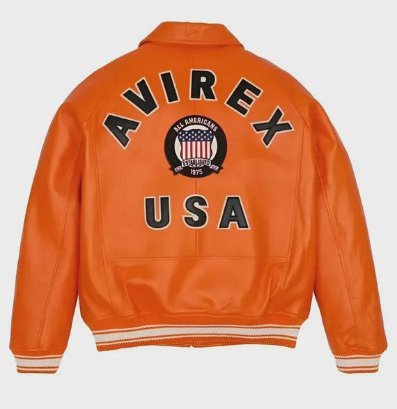 AVIREX USA Icon Orange Leather Bomber Jacket, Men's Military
