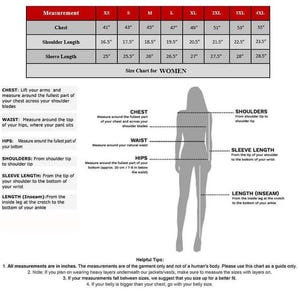 Puede incluir: Tabla de tallas de ropa de mujer, que detalla las medidas de pecho, hombros y mangas en pulgadas. Incluye un diagrama que ilustra c&oacute;mo medir el pecho, la cintura, las caderas, los hombros, la longitud de la manga y la entrepierna. Se proporcionan consejos &uacute;tiles.