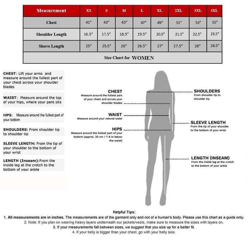 Puede incluir: Tabla de tallas de ropa de mujer, que detalla las medidas de pecho, hombros y mangas en pulgadas. Incluye un diagrama que ilustra c&oacute;mo medir el pecho, la cintura, las caderas, los hombros, la longitud de la manga y la entrepierna. Se proporcionan consejos &uacute;tiles.