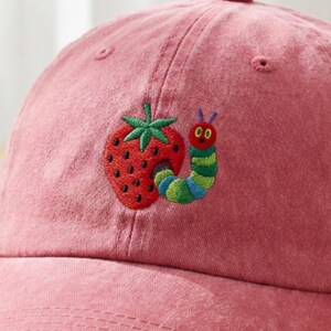 Custom Name Caterpillar Strawberry Embroidered Dad Hat, Coquette Summer Fruit Vibe, Y2K Aesthetic Washed Cap, Cute Gift For Reading Lover