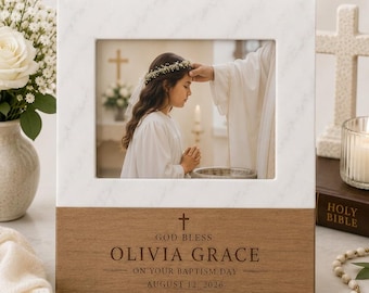 Personalized Baptism Picture Frame 5x7, Marble Wood Photo Frame, Custom Engraved Christening Gift, Religious Keepsake, Godchild Gift