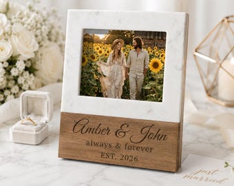 Personalized 5x7 Marble Wood Picture Frame, Custom Engraved Wedding Gift, Anniversary Photo Frame, Newlywed Keepsake, Housewarming Gift