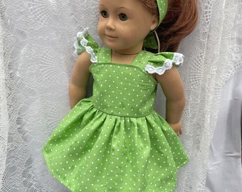 Blue doll romper 18 inch doll clothes green dress bohemian style matching headband tie fits dolls like American girl lace ribbons flowers