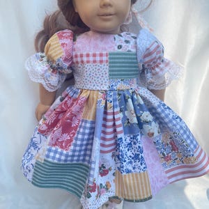 18” boho patchwork doll dress blue pink Classic best seller fits girl American dolls lace puffy sleeves available in 14 inch 12 inch syblies