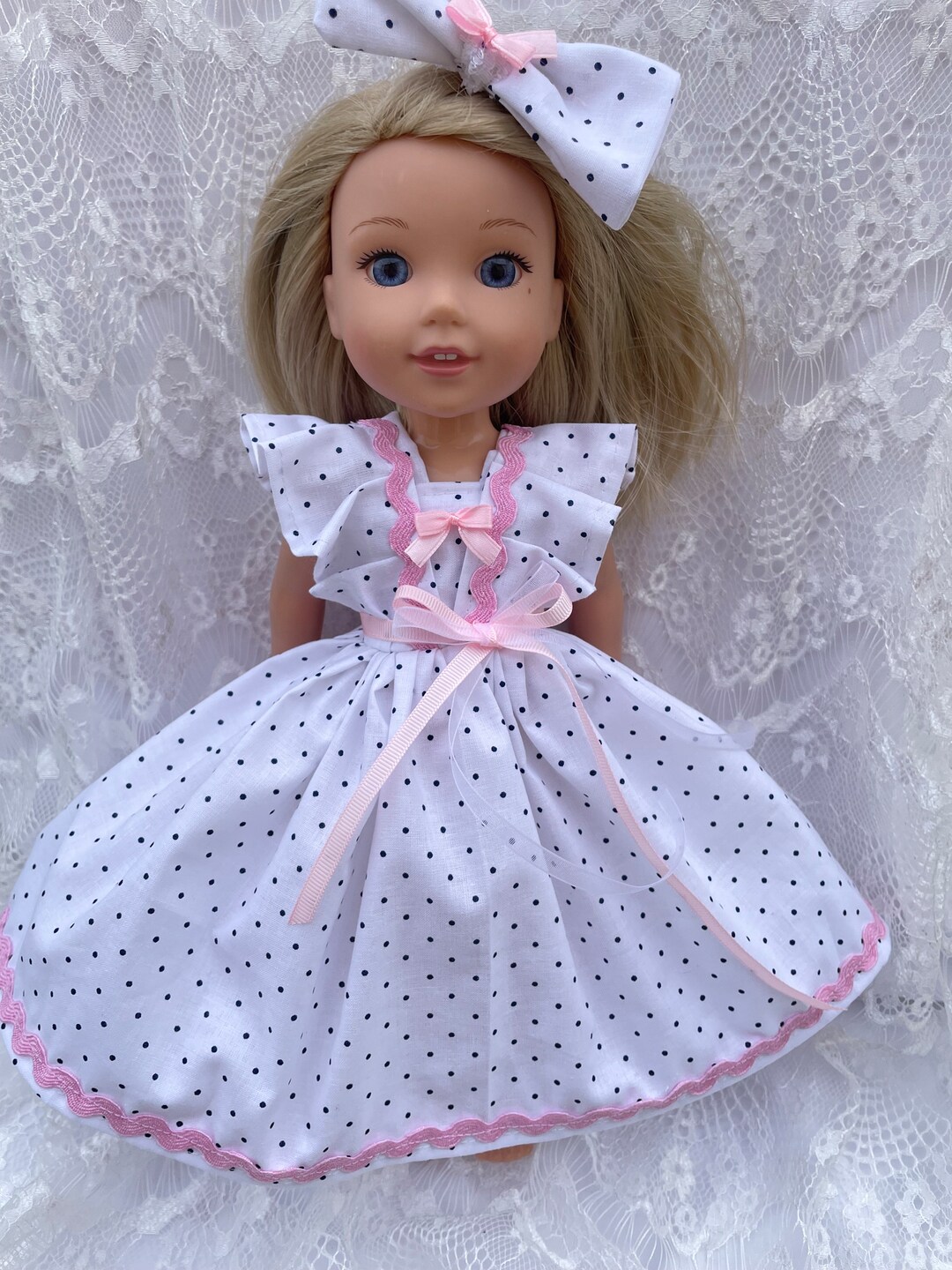 Wellie Wisher Valentine Doll Dress White Black Polka Dots Ruffle