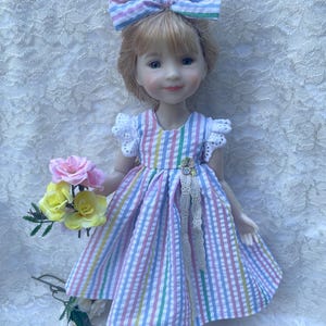 Ruby red fashion friends red pink flowers doll dress fits dolls like 14 inch Wellie wishers doll like American girl pastel seersucker stripe