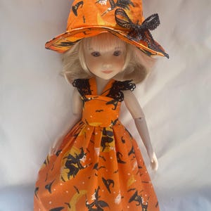 Ropa para muñecas, vestido de bruja, sombrero de 12 pulgadas, vestido con estilo completo, se adapta a las muñecas Wellie Wishers, rojo rubí, amigos de la moda, hecho a mano, algodón naranja brillante