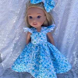 Wellie wishers doll clothes blue flowers doll dress flutter ruffle sleeves and a beautiful full flair skirt available in 14 inch 18 inch 12