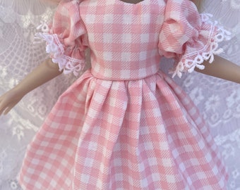 syblies 12 inch little darlings pink checkered party dress cocktail length puffy sleeves and matching hair bow ruby red fashion friends doll