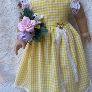 Yellow gingham country doll dress 18 inch long prairie design lace ruffle flutter sleeves fits 18” girl dolls like American girl bestseller
