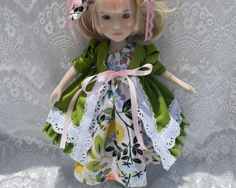 Meadow dumpling doll dress country petticoat floral dress with two matching hair bows Mother’s Day gift set shown on my 12 inch syblies doll