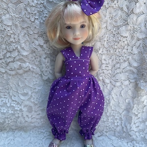 Ruby red fashion friends doll clothes purple polka dot romper fits dolls like Wellie Wisher available in 12 in syblies jumper shown