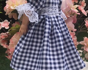 Ruby Red Fashion Friends Doll clothes navy blue check dress fits 14 inch Wellie wisher size dolls available to order in 18 inch doll dresses