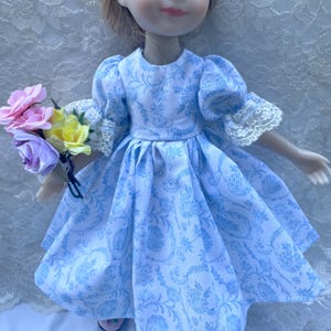 fashion friends dress ruffle lace sleeves 14 inch dolls Wellie Wishers light blue French floral scrolls 18 inch 12 inch doll clothes ruby