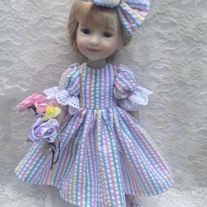 doll dress seersucker stripes pink pastel party dress fits 14 inch Wellie wisher fabric choices fits Wellie wishers dolls ruby red fashion
