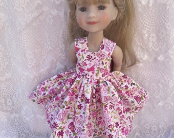 Ruby Red doll dress pink flowers party dress bestselling cotton floral garden available in 14 inch Wellie wisher 12 inch syblie doll dress