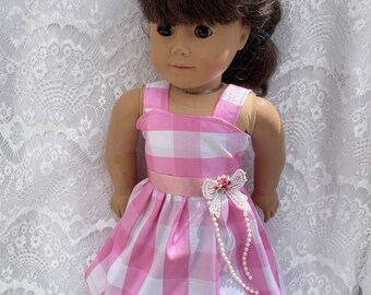 18 inch doll dress silk pink plaid party dress fits dolls like American girl dolls cocktail style flair Barbie style fancy doll dress