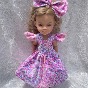 Paola Reina doll clothes pink flowers party dress with flutter sleeves handmade by Be Just Me 13 inch dolls handmade Be Just Me matching bow