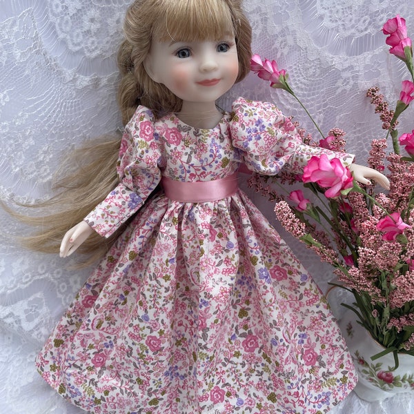 Ruby Red historical doll dress pink flowers puffy gigot sleeves dress Little Women style gown Wellie wishers doll dresses Valentine’s Day