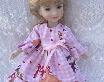 Ruby Red doll clothes Valentine’s Day dress pink check puppy love fabric matching hair bow ribbon sash fits 14 inch dolls like Wellie Wisher