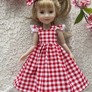 Ruby Red Fashion friends doll clothes red checkered 14 inch doll dresses flutter ruffle sleeves fits Wellie wisher doll