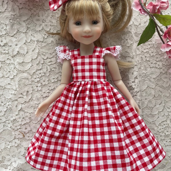Ruby Red Fashion friends doll clothes red checkered 14 inch doll dresses flutter ruffle sleeves fits Wellie wisher doll