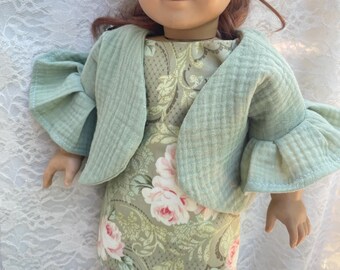 18 inch doll dress Victorian roses sage green gauze ruffle shrug fits 18” girl American doll modern trendy jumper dress gift set