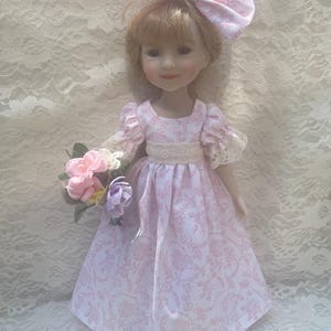 Ruby red fashion friends doll dress pink French scrolls regency historical gown violet floral sash floral dainty pink fits Wellie wishers