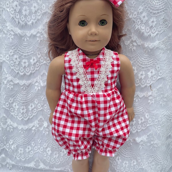 18 inch romper red check summer doll clothes bloomer shorts modern trendy outfit jumper short style matching hair bow 1950s romper style